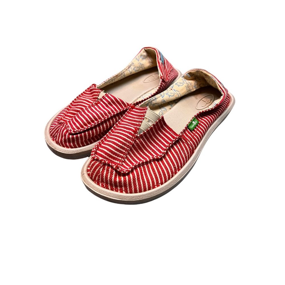 Sanuk Red White Striped Castaway Low Top Moccasins Flat Slip On Shoes Girls - Picture 1 of 6